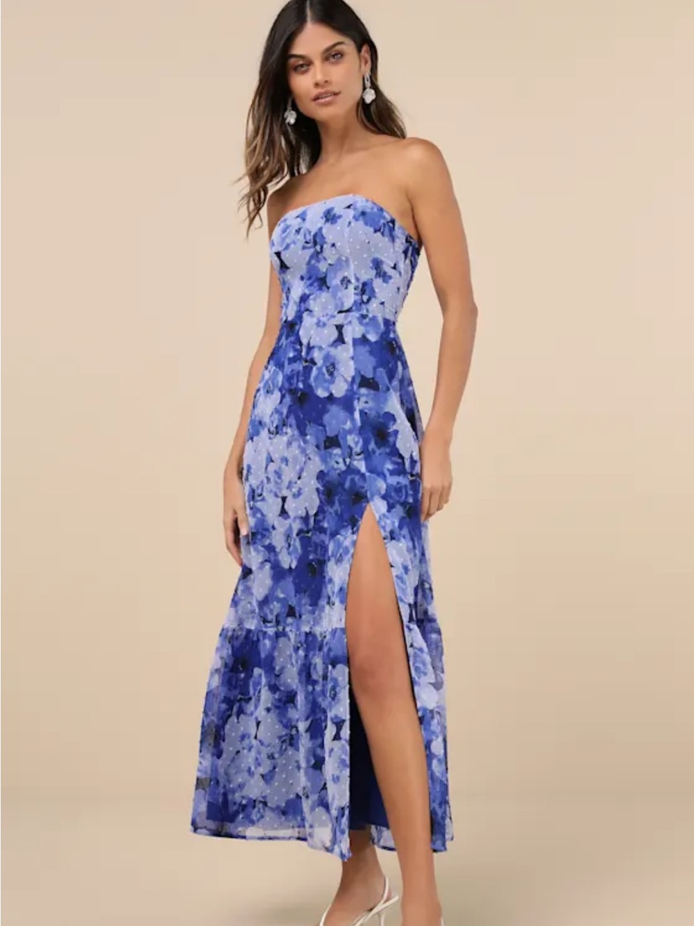 Lulu's Strapless Blue Floral Maxi Dress with High Slit